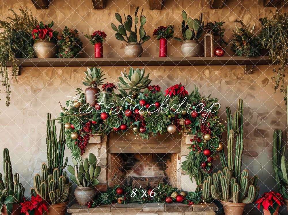 Rustic Kerst Cactus Haard Foto Achtergrond Designed by Patty Roberts