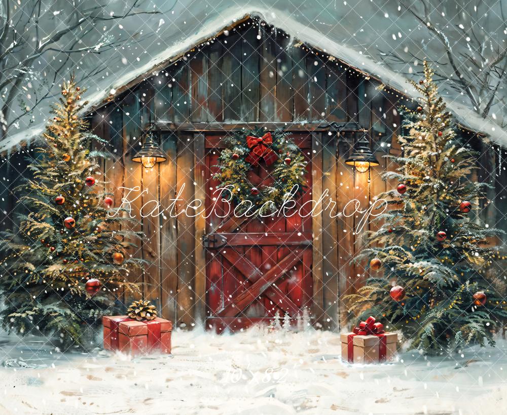 Kate Winter Forest Christmas Night Wooden Barn Backdrop Designed by Chain Photography