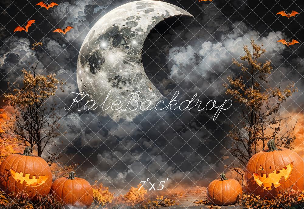 Kate Halloween Crescent Moon Dark Cloud Pumpkin Lanterns Backdrop Designed by Emetselch