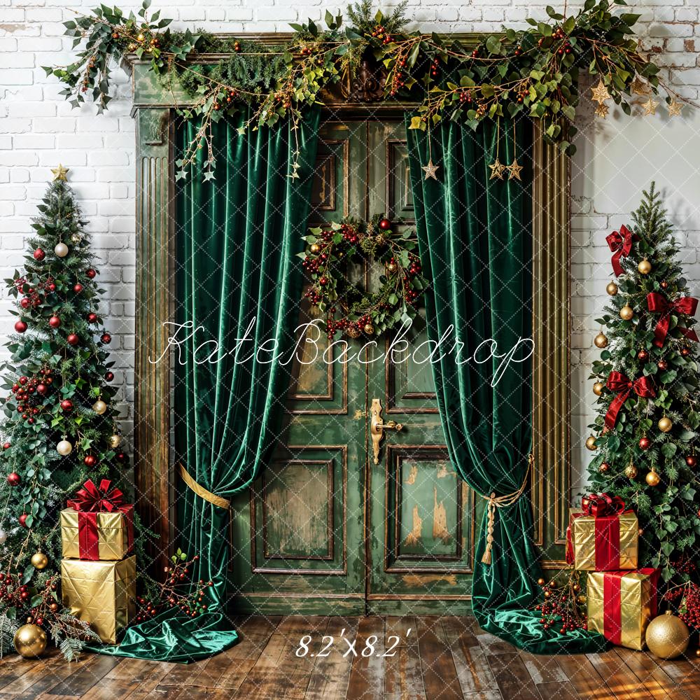 Kate Christmas Tree Green Curtains Vintage Door White Wall Backdrop Designed by Emetselch