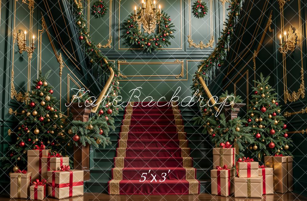 Kate Christmas Indoor Dark Green Retro Staircase Backdrop Designed by Emetselch