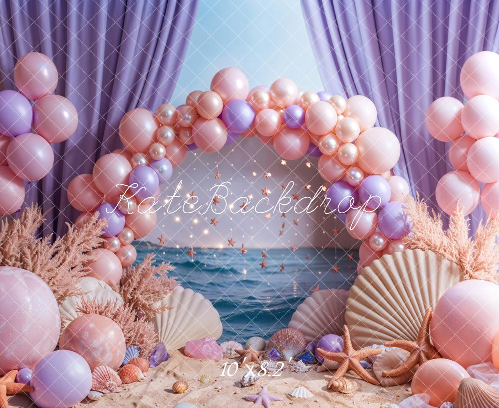 Arco de globos rosa de playa Cortinas moradas Fondo diseñado por Emetselch