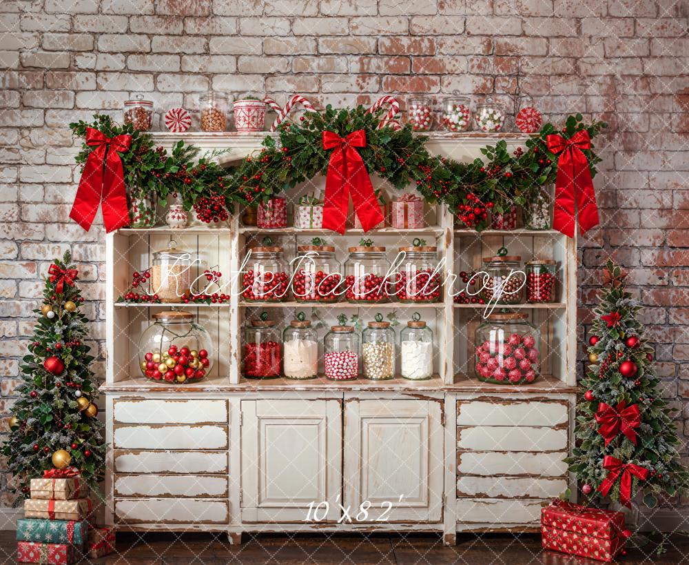 Kate Christmas Kitchen White Cabinets Candy Brick Wall Backdrop Designed by Emetselch