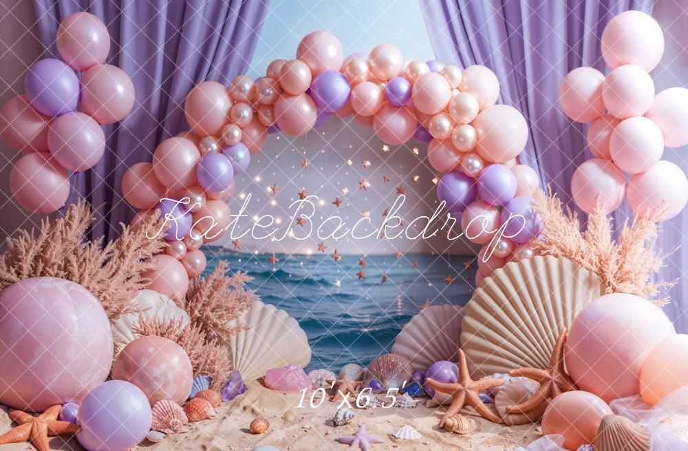 Arco de globos rosa de playa Cortinas moradas Fondo diseñado por Emetselch