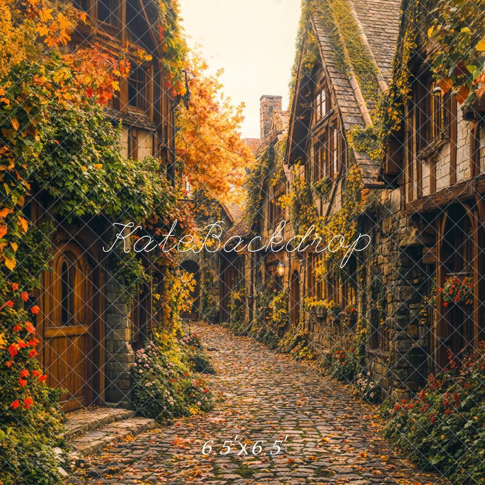 Fall Village Street Maple Leaves Foto Achtergrond Designed by Emetselch