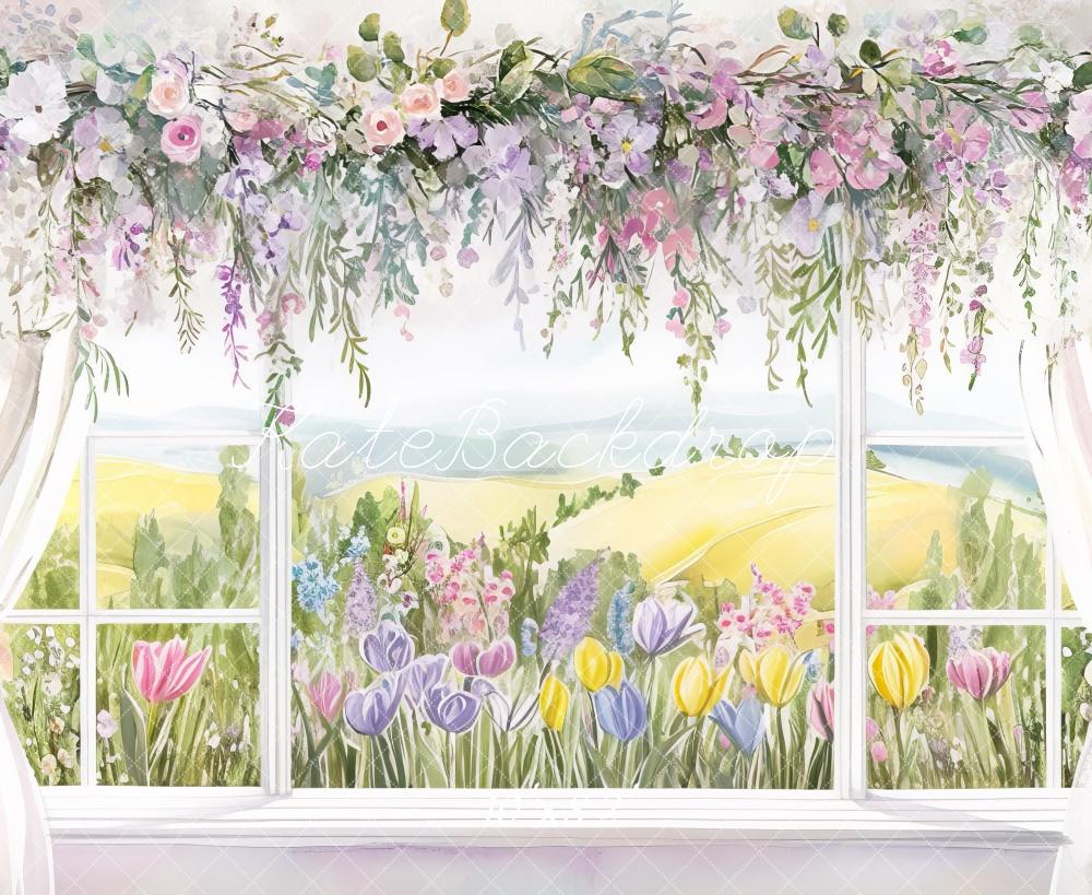 Kate Cartoon Spring Floral Window View Backdrop Designed by Mini MakeBelieve