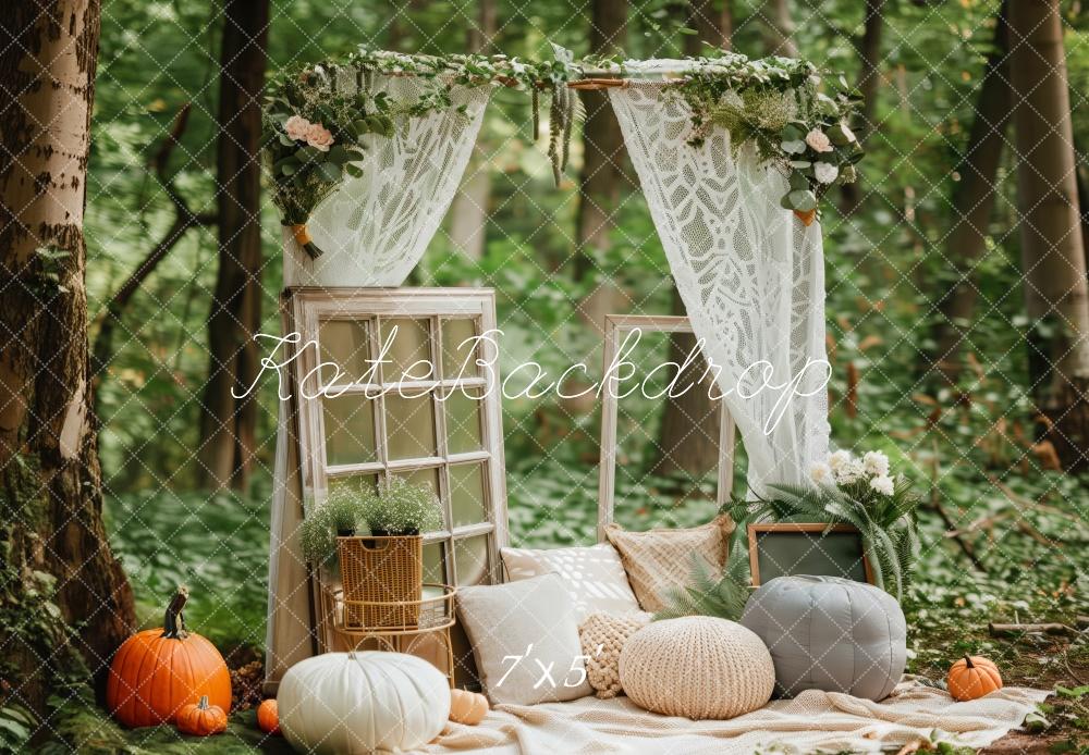 Romantische Boshoek Met Vintage Ramen En Pompoenen Foto Achtergrond Ontworpen door Patty Robert