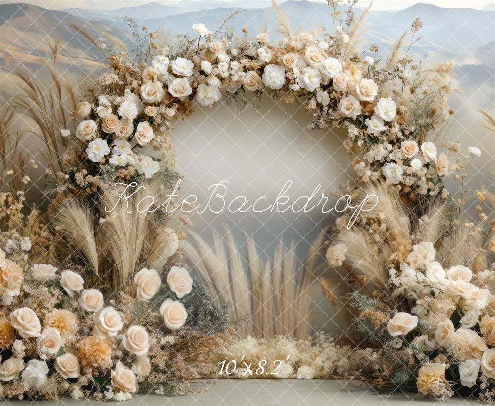 Kate Boho Floral Arch Beige Outdoor Backdrop Designed by Mini MakeBelieve