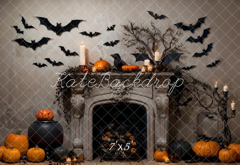 Kate Halloween Bat Gray Retro Fireplace Backdrop Designed by Emetselch