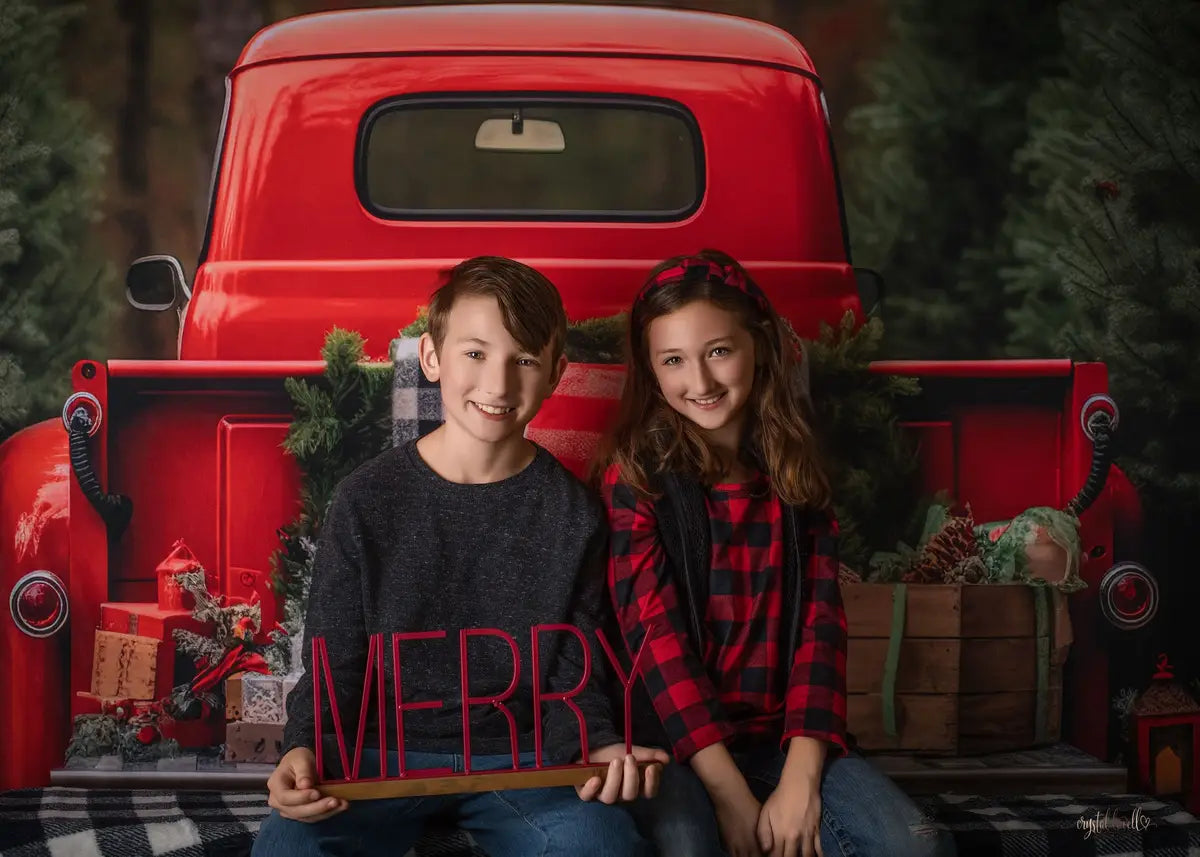 Fondo para fotografía de camión rojo de Navidad fuera de casa