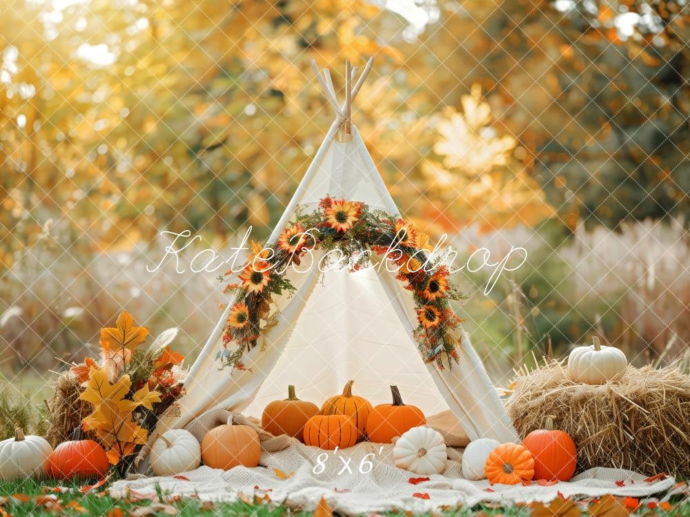 Kate Fall White Teepee Decorated With Pumpkins Backdrop Designed by Patty Robert