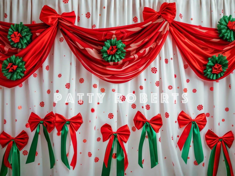 Kate Christmas Red Curtain With Green Hanging Ornaments Backdrop Designed by Patty Robert