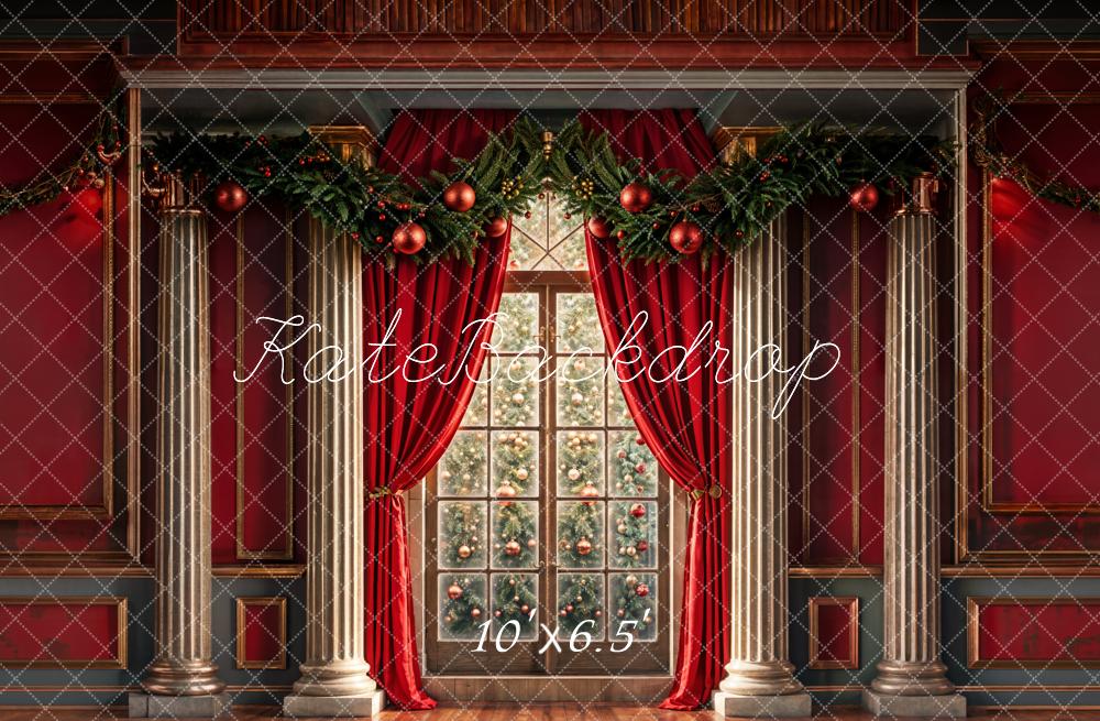 Kate Christmas Indoor Arched Window Red Retro Wall Backdrop Designed by Chain Photography