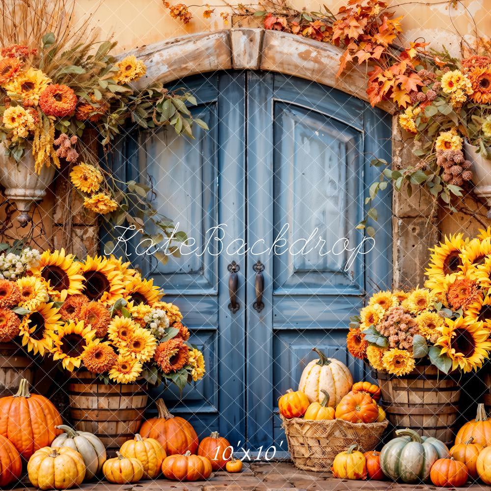 Kate Boho Sunflower Pumpkin Blue Wooden Arch Door Beige Wall Backdrop Designed by Emetselch