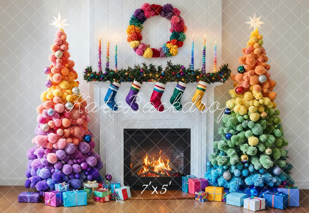 Kate Colorful Christmas Trees Fireplace Backdrop Designed by Emetselch