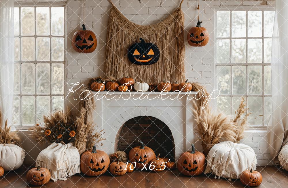 Halloween Pompoen Witte Open Haard Boho Foto Achtergrond Designed by Emetselch