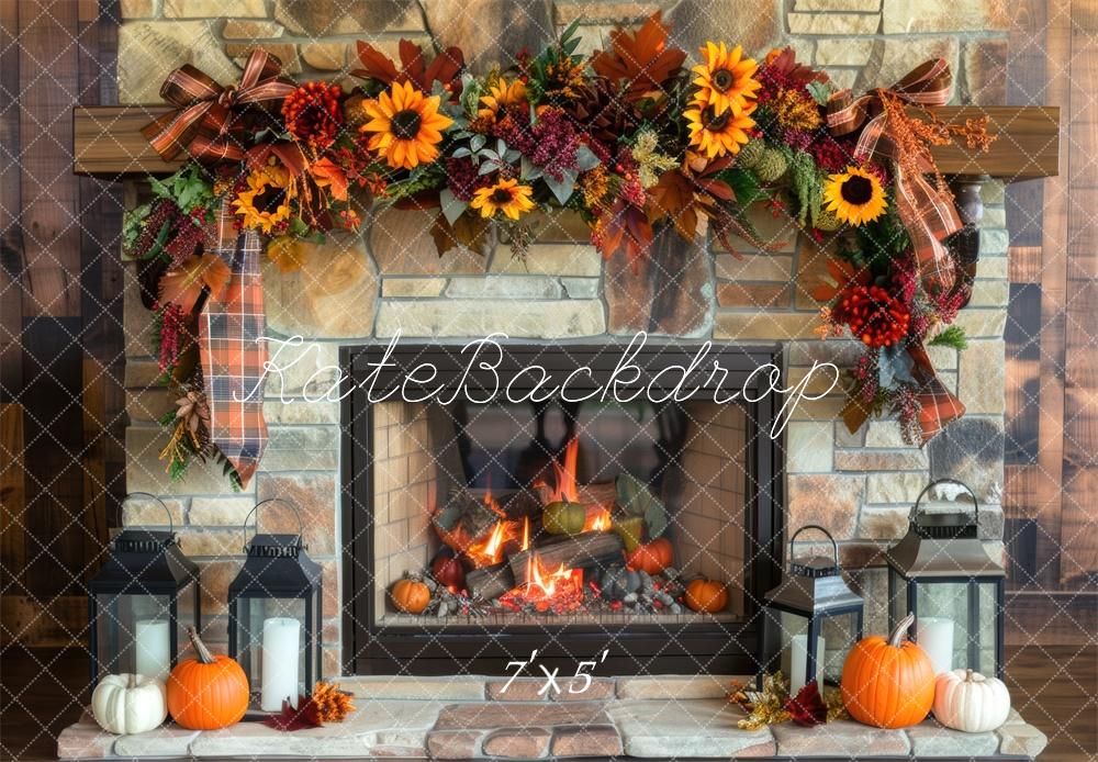 Kate Fall Sunflower Fireplace Brick Wall Backdrop Designed by Mini MakeBelieve