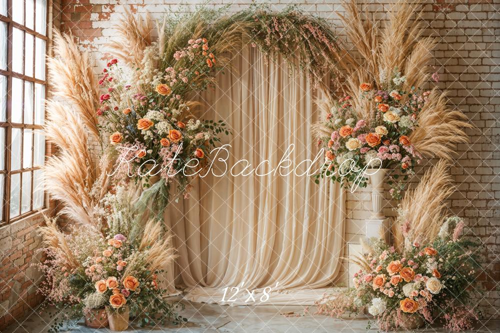 Kate Boho Flower Arch Window Beige Backdrop Designed by Emetselch