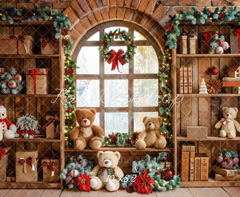 Kate Christmas Brown Gifts Shelf Teddy Bears Window Backdrop Designed by Patty Robert