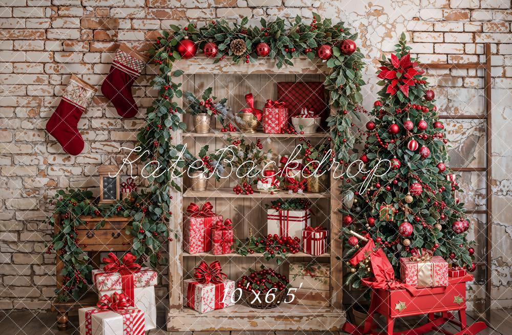 Kate Christmas Tree Retro Cabinets White Brick Wall Backdrop Designed by Emetselch