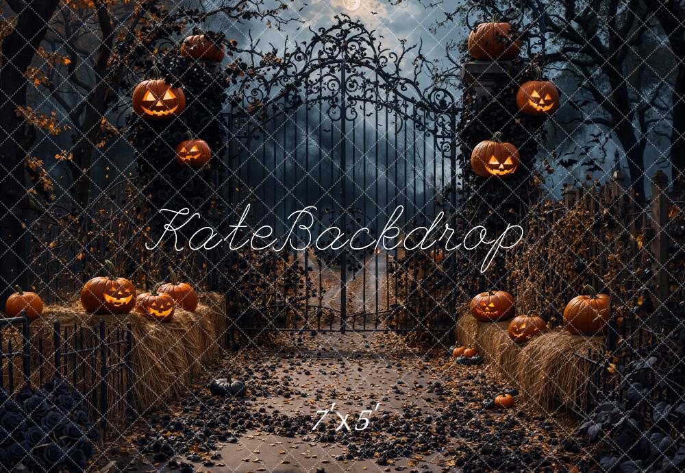 Kate Halloween Night Pumpkin Retro Gate Backdrop Designed by Emetselch