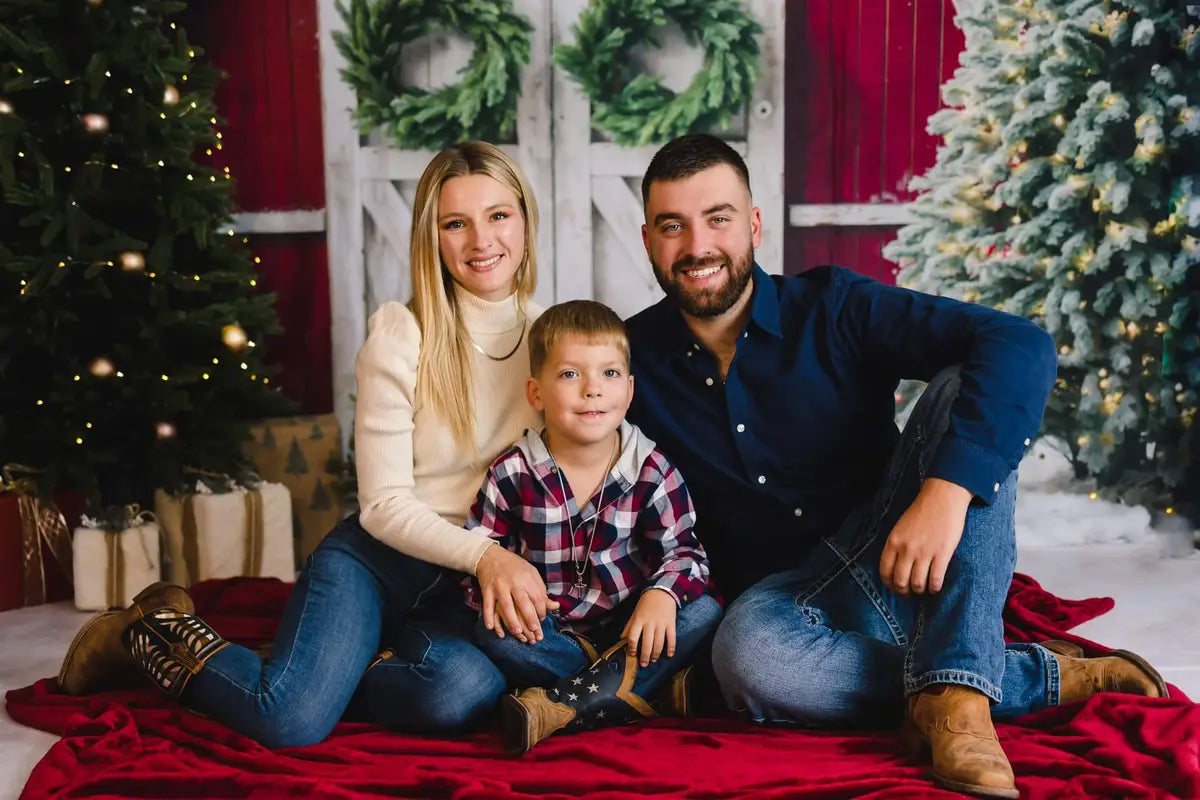 Kate Winter Christmas Tree Farm Red Barn Backdrop Designed by Chain Photography