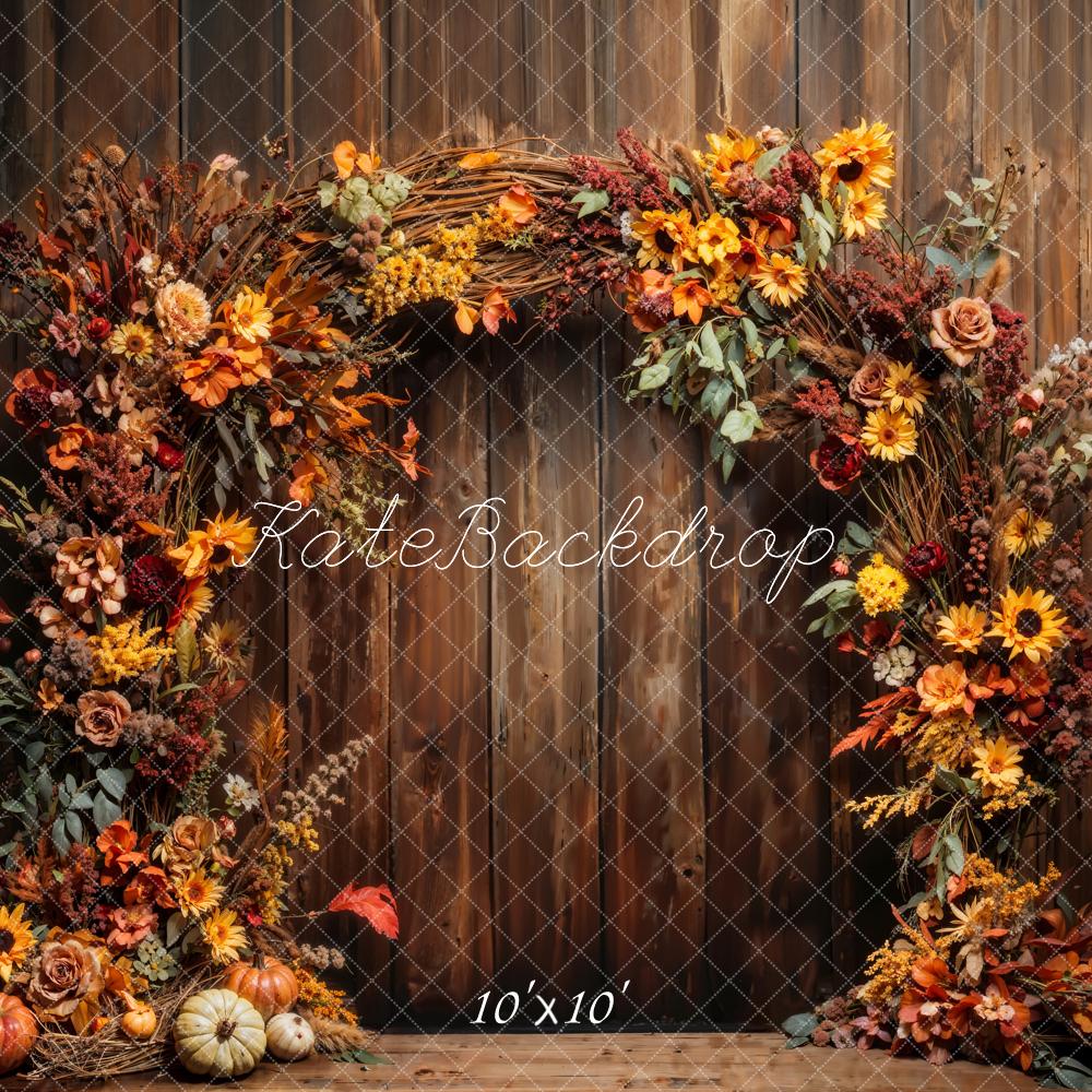 Pumpkin Artístico de Otoño para Pared de Madera con Arco de Flores – Diseñado por Chain Photography