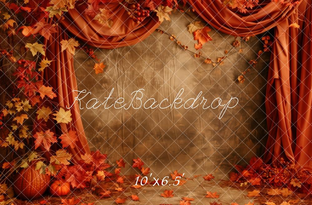 Kate Fall Pumpkin Leaves With Red Draped Curtain Backdrop Designed by Patty Roberts