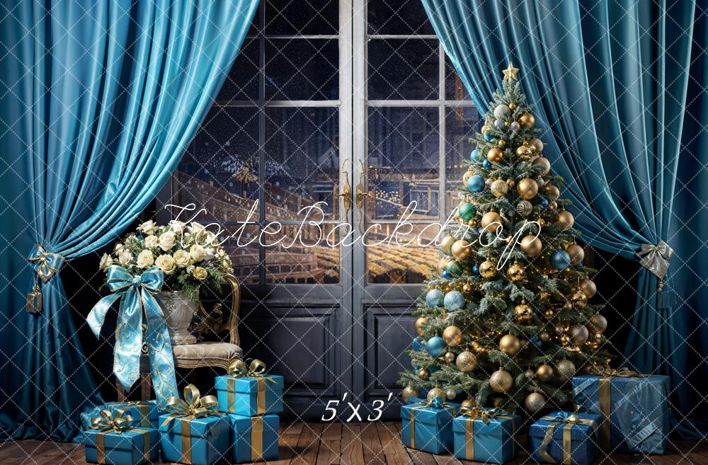 Kate Christmas Tree Sky Blue Curtains Gift Box Backdrop Designed by Emetselch