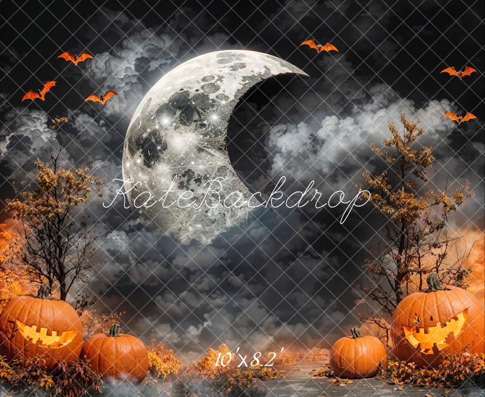 Kate Halloween Crescent Moon Dark Cloud Pumpkin Lanterns Backdrop Designed by Emetselch