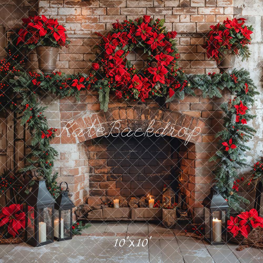 Kate Christmas Indoor Red Brick Fireplace Backdrop Designed by Emetselch