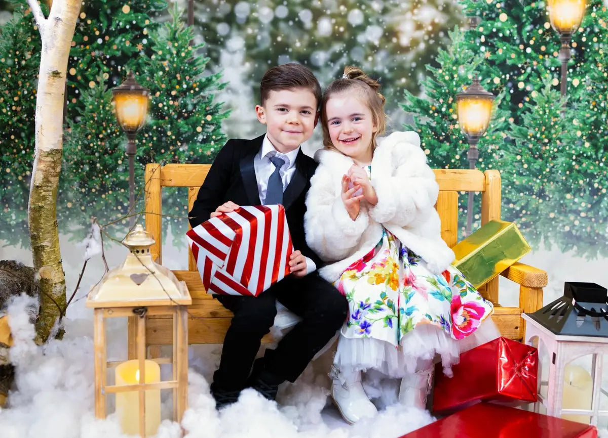 Kate Christmas Snow Forest Lights Backdrop for Photography