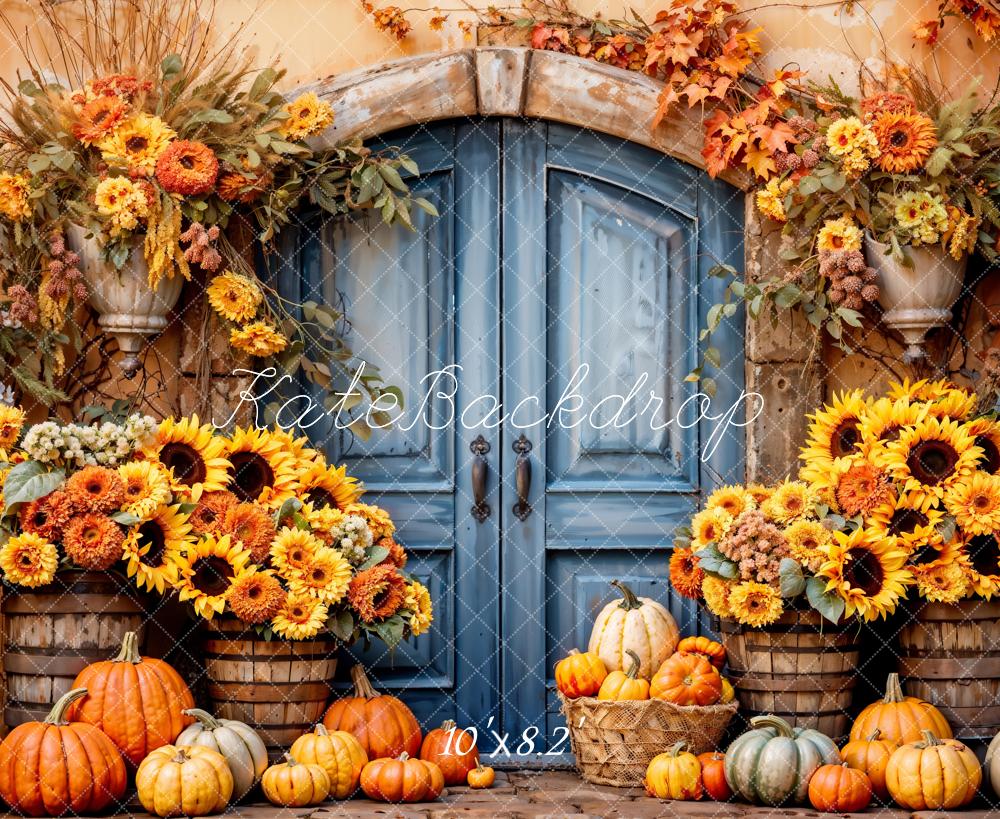 Kate Boho Sunflower Pumpkin Blue Wooden Arch Door Beige Wall Backdrop Designed by Emetselch