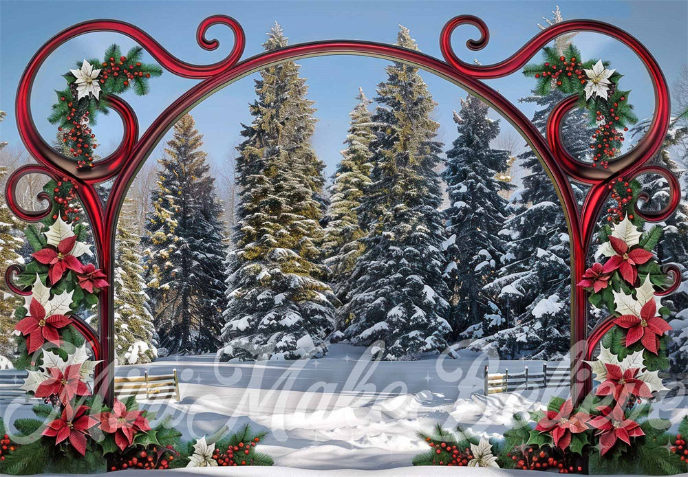 Kate Christmas Forest Red Vintage Floral Gate Backdrop Designed by Mini MakeBelieve
