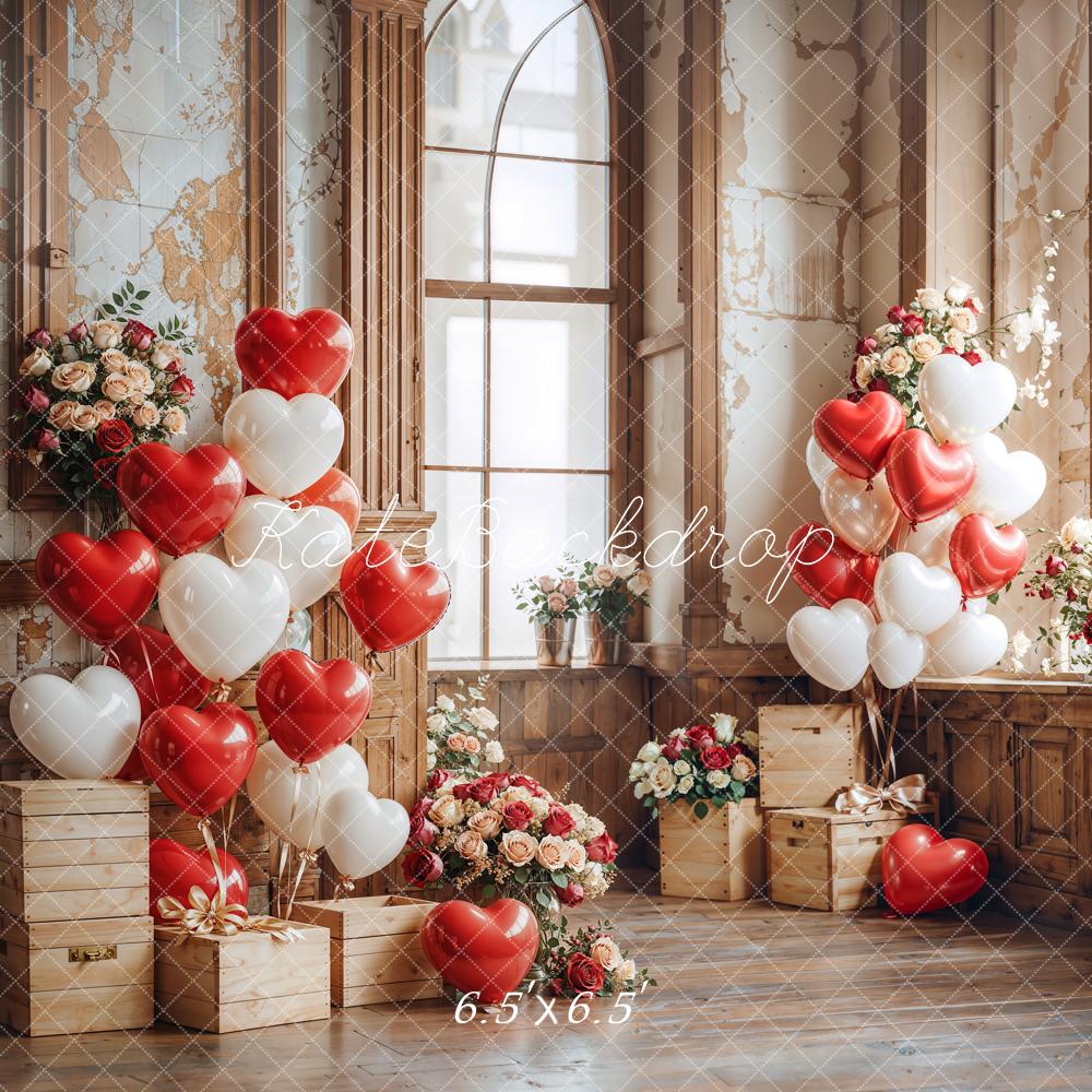 Kate Valentine Heart Balloons Wooden Vintage Backdrop Designed by Emetselch