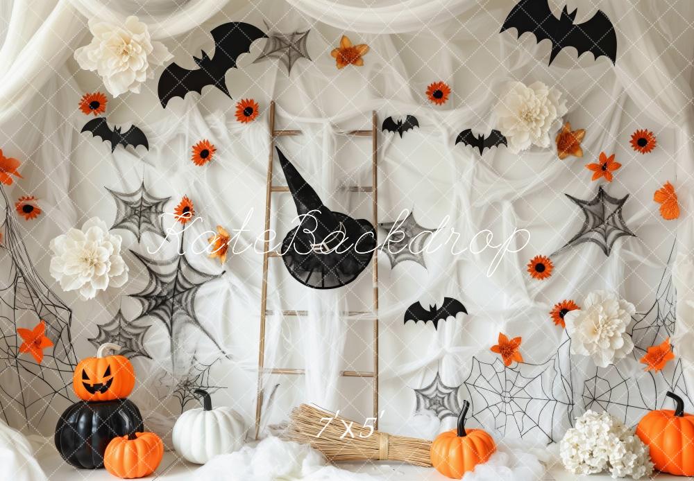 Kate Halloween Spider Webs With Bats Pumpkins Backdrop Designed by Patty Roberts