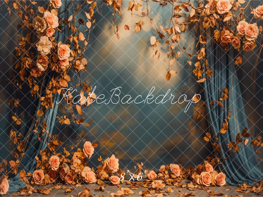 Kate Fall Floral Blue Curtains Backdrop Designed by Emetselch