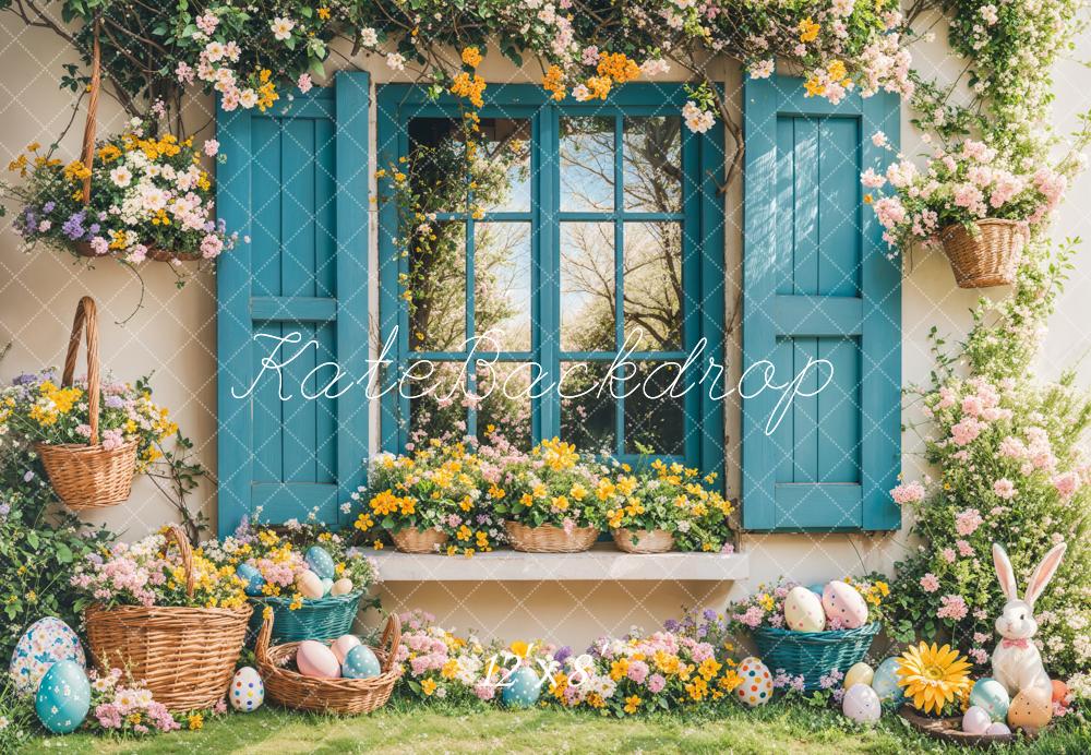 Kate Easter Bunny Floral Blue Window Backdrop Designed by Emetselch