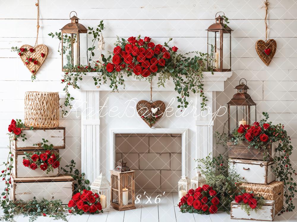 Kate Valentine Roses Fireplace Lantern Rustic Backdrop Designed by Emetselch