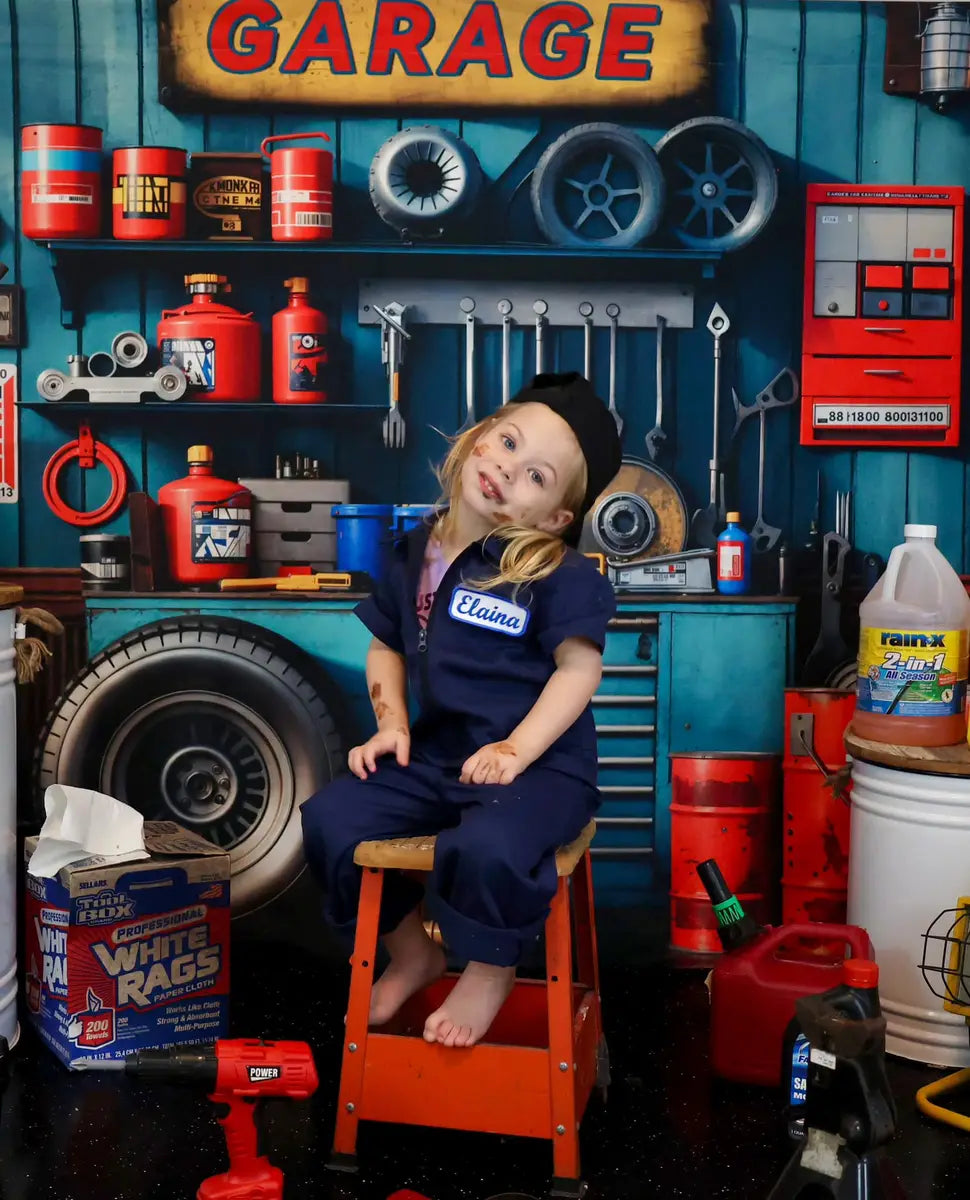 Kate Pet Modern Tool Holder and Tires Red Tanker Garage Backdrop Designed by Emetselch