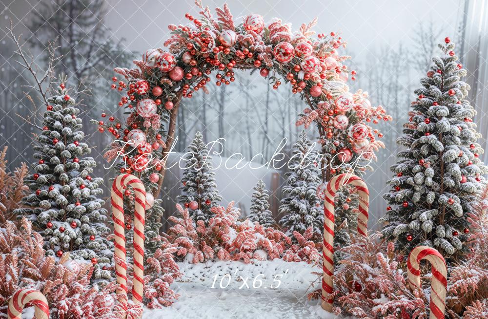 Bosque Invernal con Árbol de Navidad Rojo y Decoración Hermosa Arco Fondo Diseñado por Emetselch