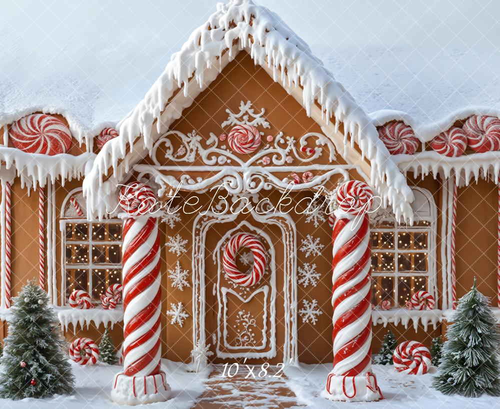 Kerstman Gingerbread Huis Snoepstokjes Sneeuw Foto Achtergrond Designed by Emetselch