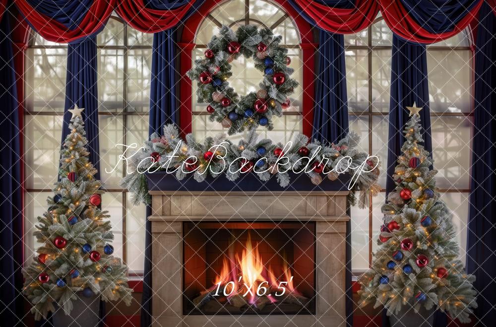 Kate Christmas Tree Navy Red Curtains Fireplace Backdrop Designed by Mini MakeBelieve