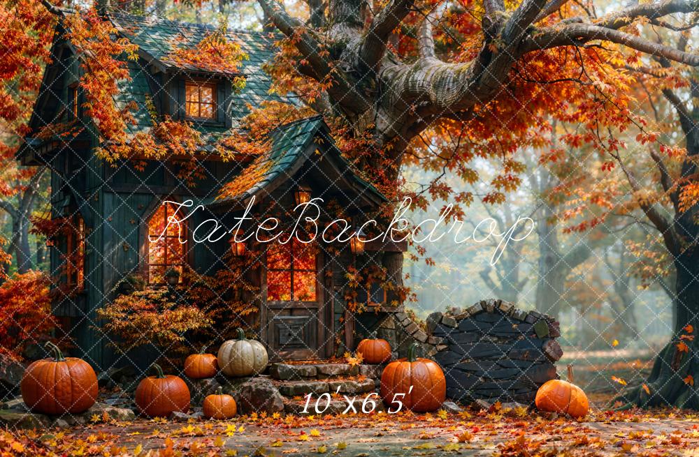 Kate Fall Forest Pumpkin Black Retro Hut Backdrop Designed by Emetselch