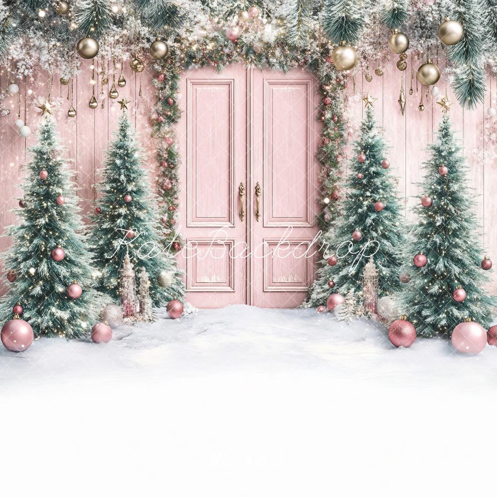 Kate Christmas Tree Pink Door Snowy Backdrop Designed by Lidia Redekopp