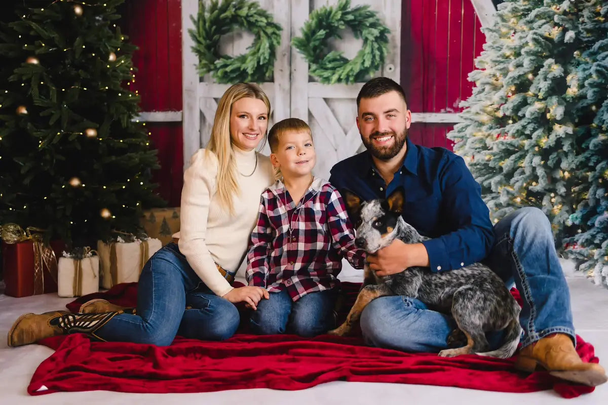 Kate Winter Christmas Tree Farm Red Barn Backdrop Designed by Chain Photography