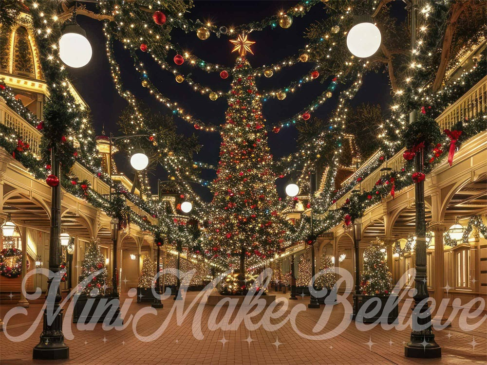 Kerstnacht Bokeh Lichtstraat Winkel Achtergrond Ontworpen door Mini MakeBelieve