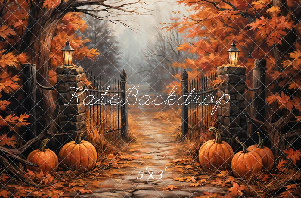 Kate Fall Forest Pumpkin Black Retro Gate Backdrop Designed by GQ