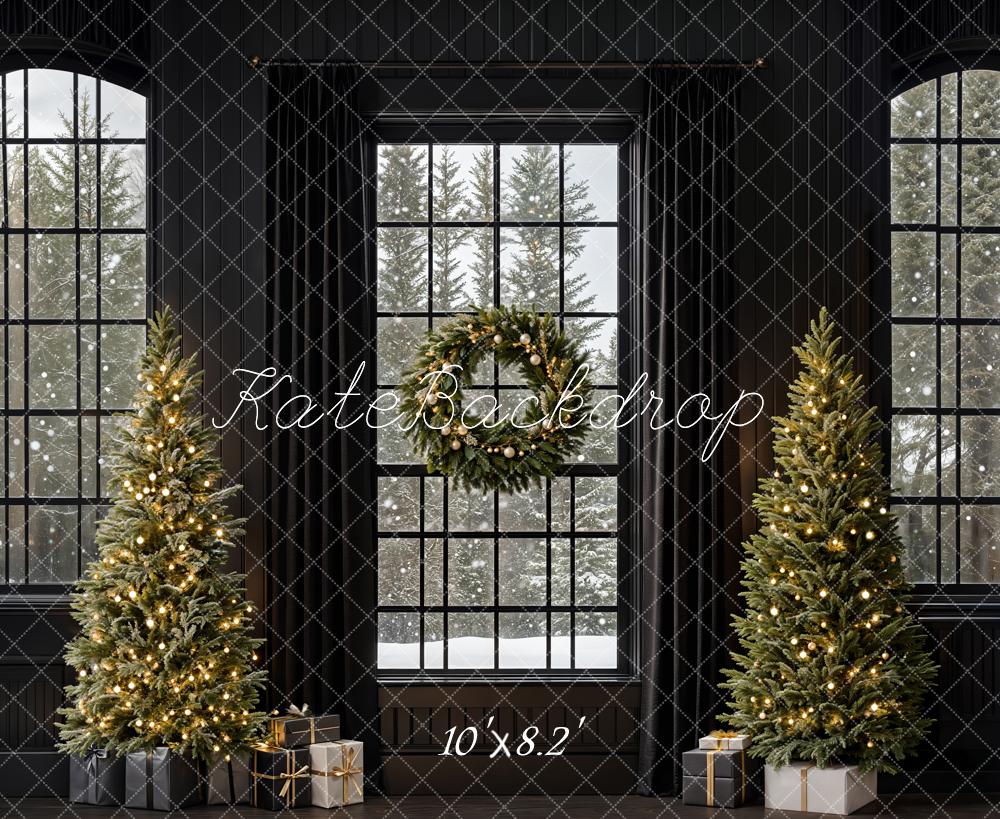 Kate Christmas Trees Retro Black Window Backdrop Designed by Emetselch