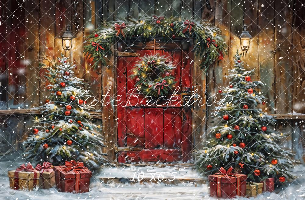 Kate Winter Christmas Red Door Wooden Cabin Backdrop Designed by Chain Photography